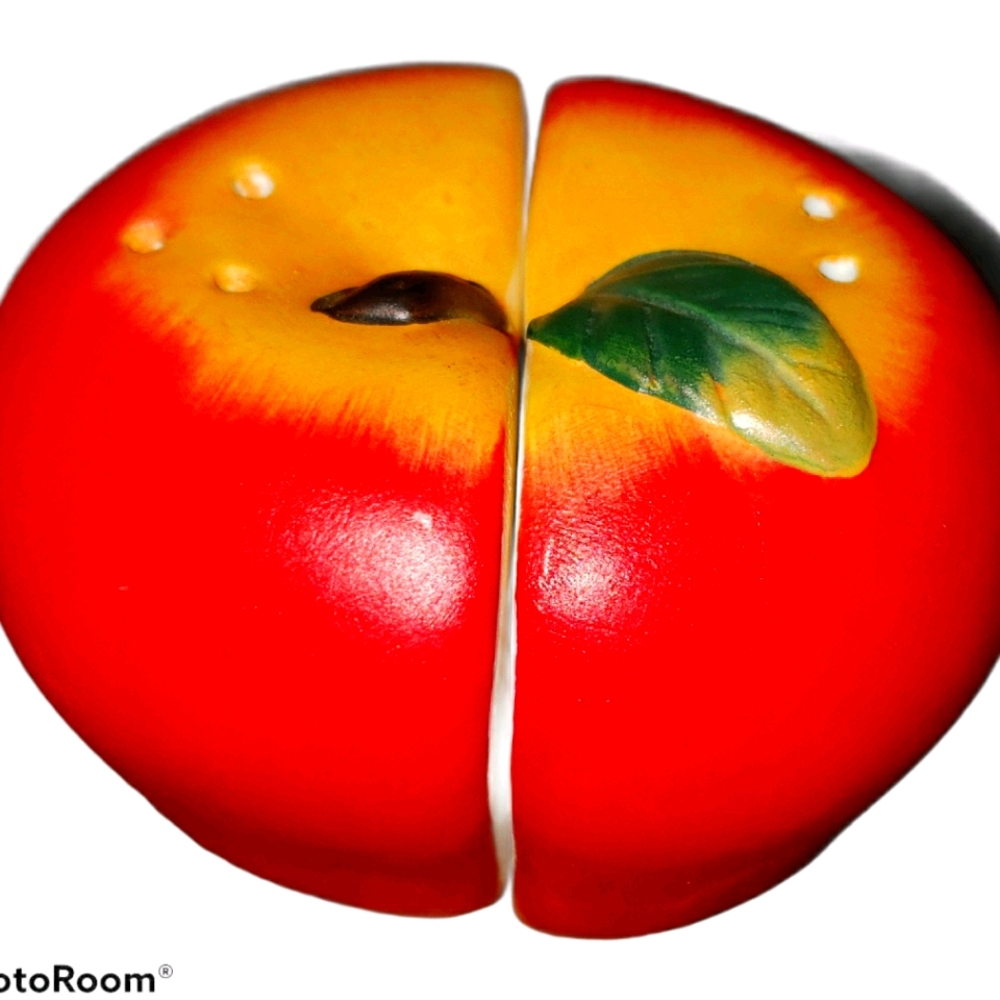 Vintage ceramic 1950s-1970s split-apple salt and pepper shaker set.